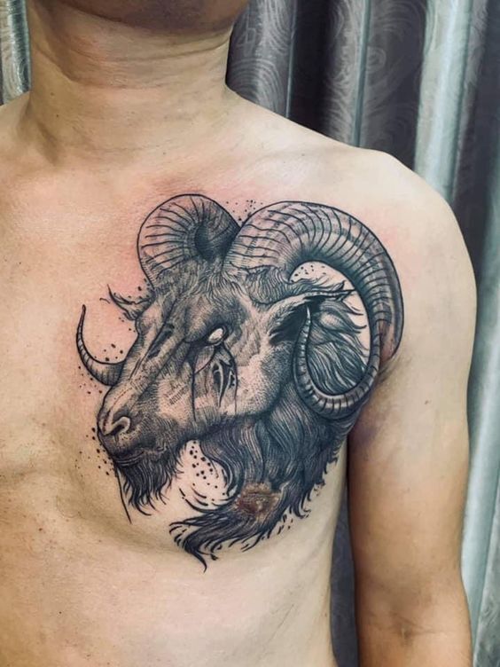 Hình xăm đầu dê trên ngực, phong cách blackwork chi tiết, độ phân giải HD.