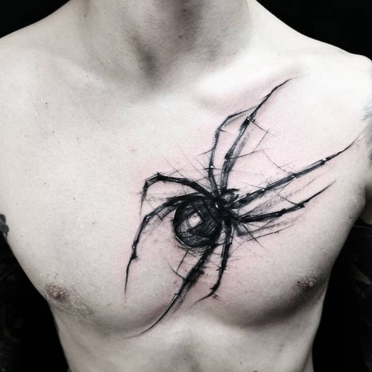 Hình xăm nhện phong cách blackwork trên ngực, chi tiết cao, độ phân giải HD.
