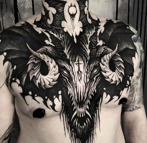 Hình xăm rồng phong cách blackwork trên ngực, chi tiết cao, hình ảnh độ phân giải HD.