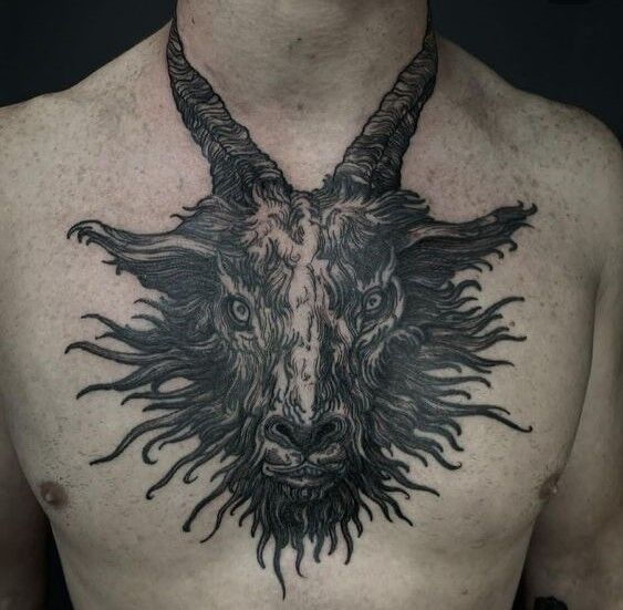 Hình xăm dê trên ngực, phong cách blackwork chi tiết, độ phân giải HD.