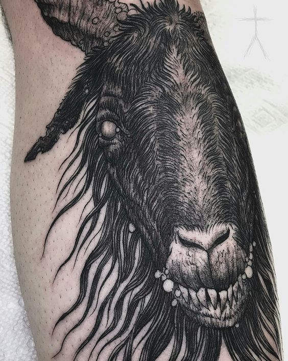 Hình xăm đầu dê phong cách blackwork chi tiết trên cánh tay, độ phân giải HD.