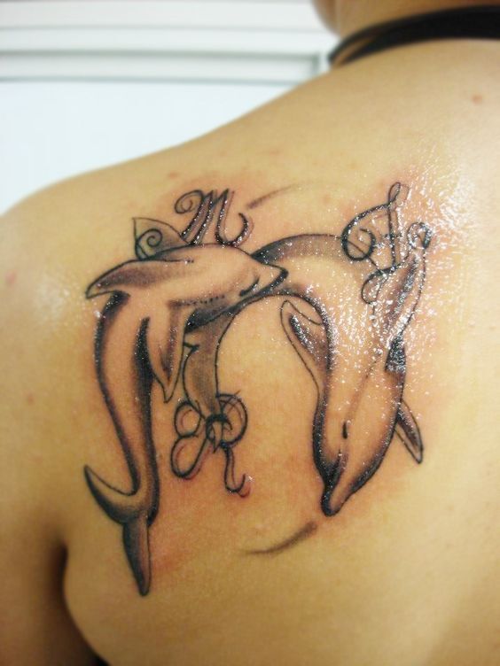Hình xăm cá heo phong cách blackwork trên vai, chi tiết tinh tế, ảnh độ phân giải HD.