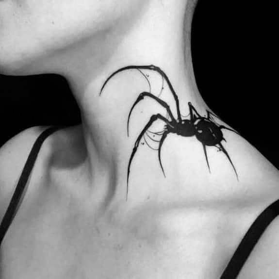 Hình xăm nhện blackwork trên cổ, phong cách tối giản, chi tiết tinh tế, ảnh độ phân giải cao HD.