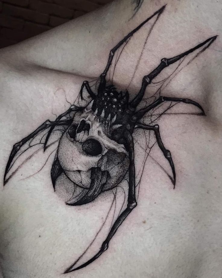 Hình xăm nhện đầu lâu phong cách blackwork trên vai, chi tiết cao, độ phân giải HD.