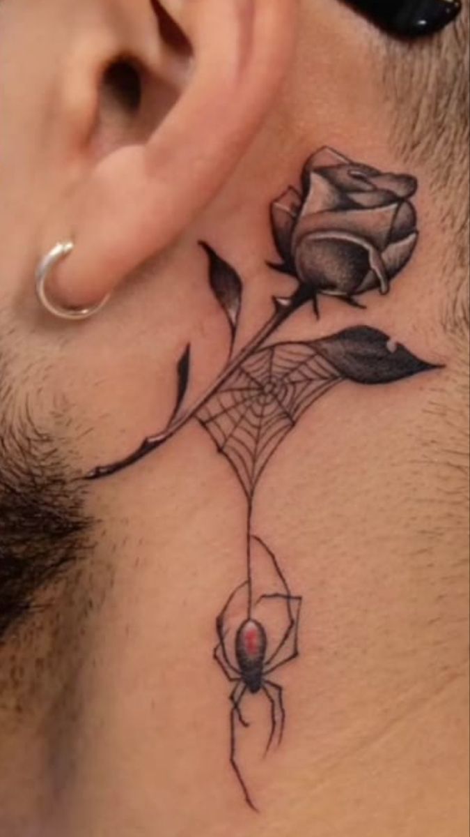 Hình xăm nhện và hoa hồng sau tai, phong cách blackwork chi tiết, độ phân giải HD.