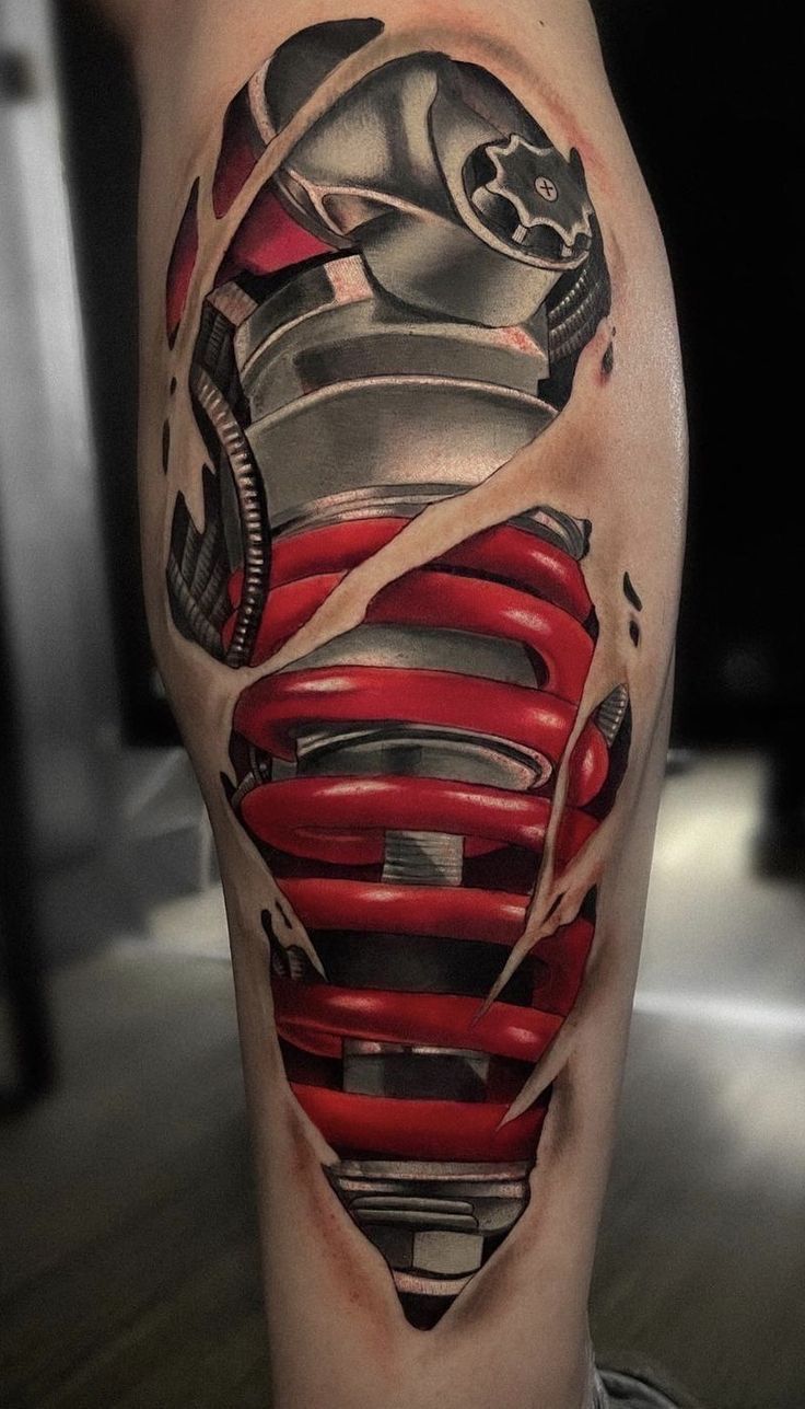 ấn tượng mạnh mẽ với kiểu tattoo phuộc ohlins Hình xăm cơ khí 3D trên bắp chân, phong cách màu sắc chi tiết, độ phân giải HD.