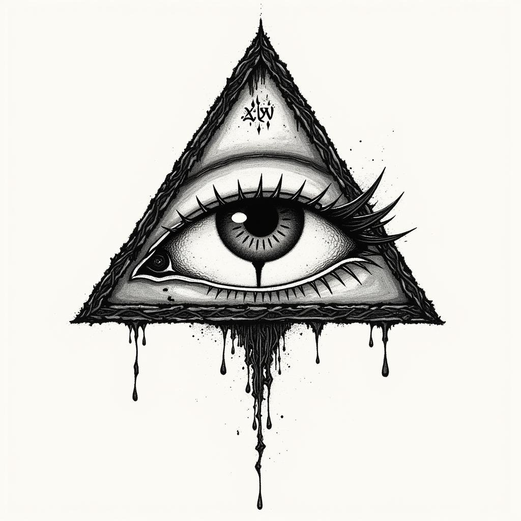 Hình xăm con mắt hình tam giác, phong cách blackwork chi tiết, độ phân giải cao HD.