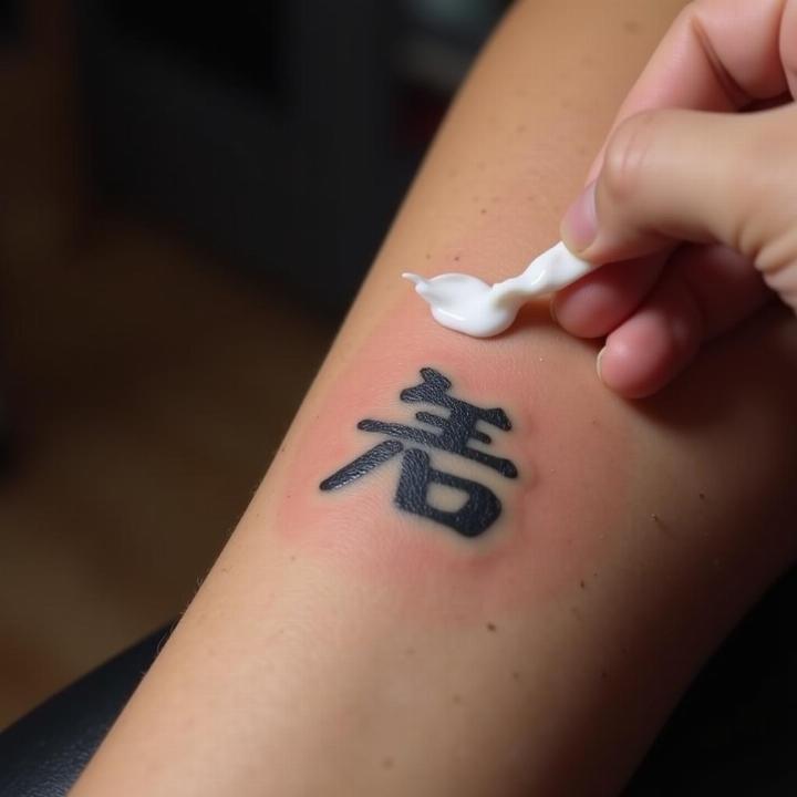 Hình xăm chữ Hán trên cánh tay, phong cách blackwork, chi tiết rõ nét, ảnh HD.