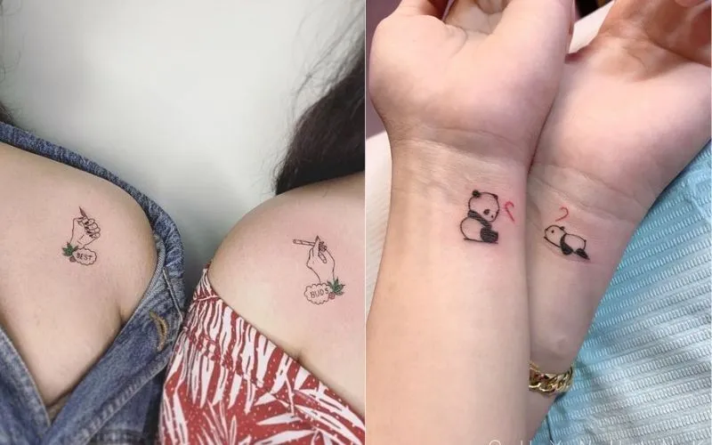 Hình xăm mini trên vai và cổ tay, chủ đề tay cầm điếu thuốc và gấu trúc, phong cách đơn giản. Ảnh HD.