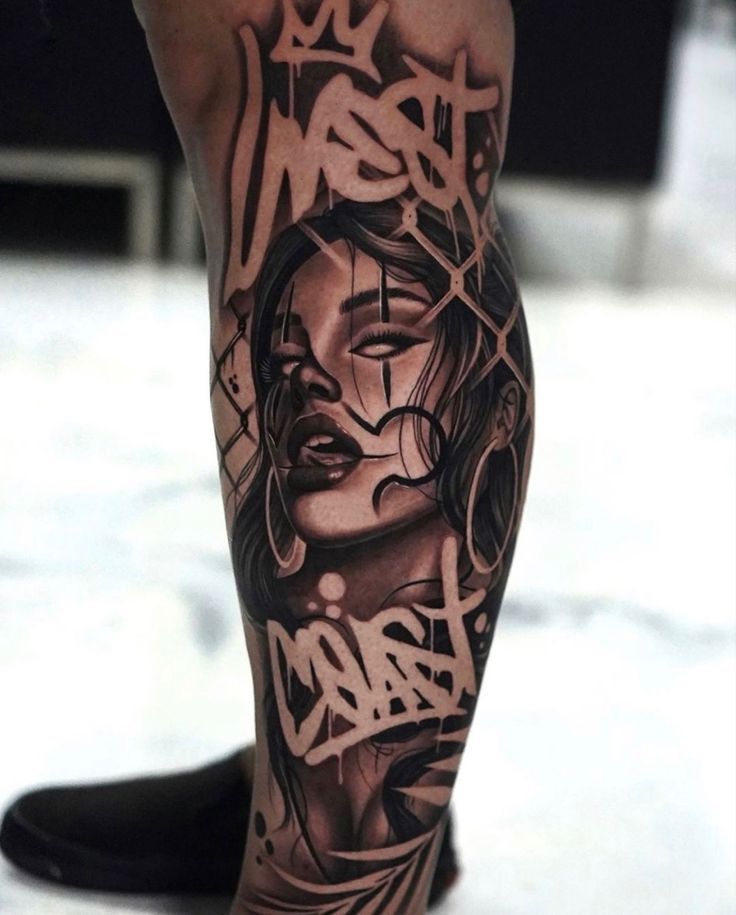 Hình xăm chân graffiti chân dung phong cách blackwork chi tiết, độ phân giải cao HD.