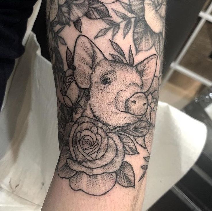 độc đáo kiểu tattoo heo con và hoa trên tay Hình xăm heo và hoa phong cách blackwork trên cánh tay, chi tiết rõ nét, ảnh HD.