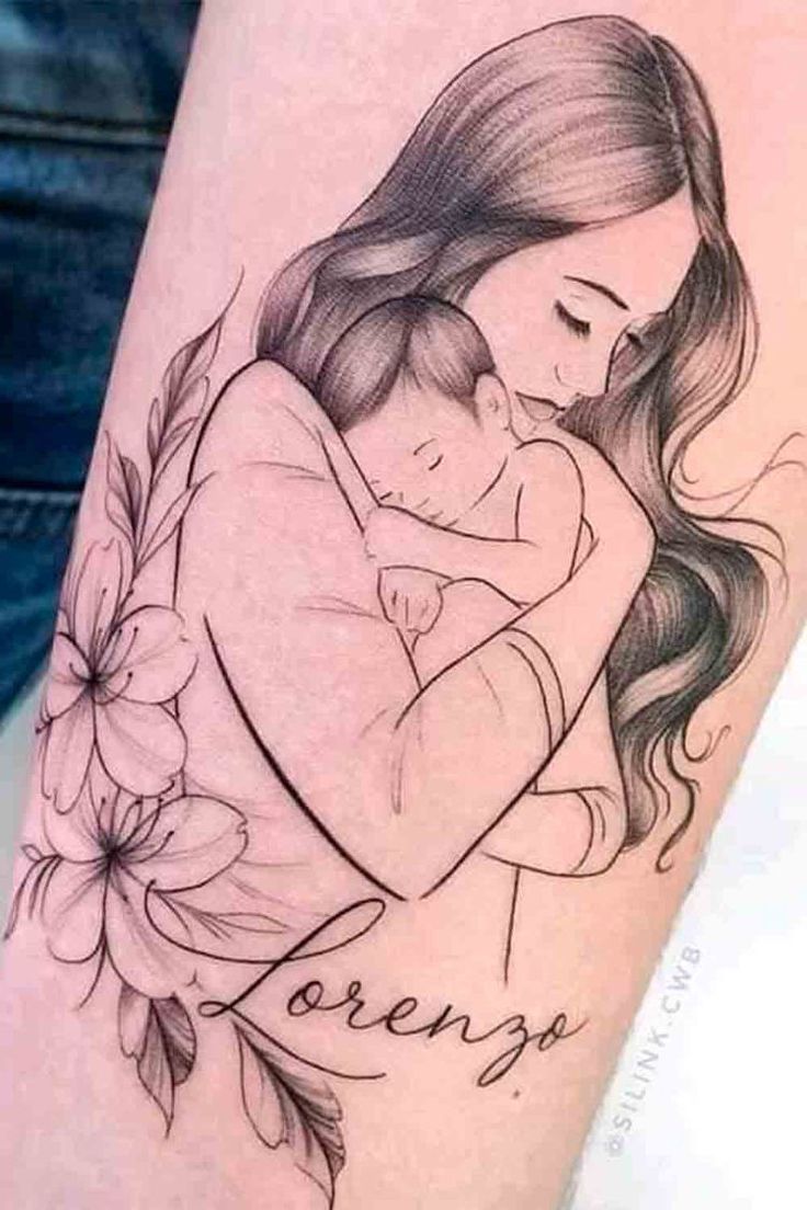 Hình xăm mẹ và bé, vị trí cánh tay, phong cách blackwork, chi tiết tinh tế, độ phân giải HD.