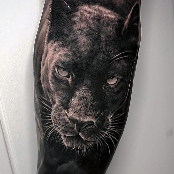 Hình xăm đầu báo đen trên tay, phong cách blackwork chi tiết, ảnh HD.