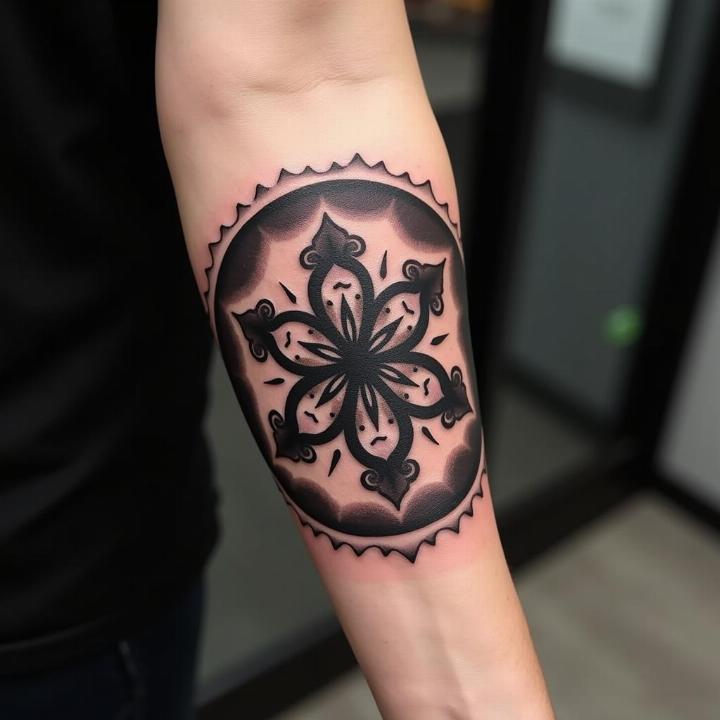 Hình xăm mandala blackwork trên tay, chi tiết rõ nét, phong cách cổ điển, ảnh HD.