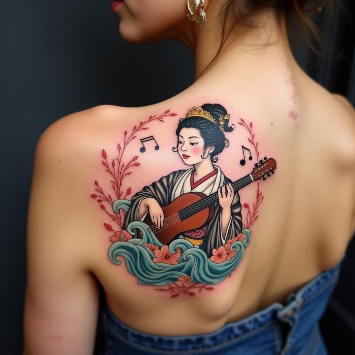 Hình xăm geisha chơi đàn trên lưng, phong cách màu sắc, chi tiết tinh tế, độ phân giải HD.