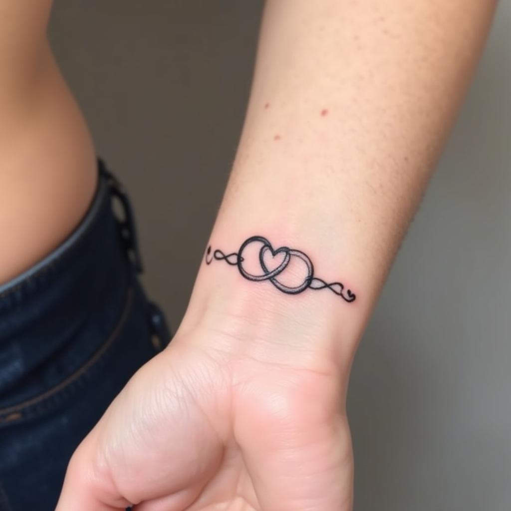 Hình xăm mini trái tim phong cách blackwork trên cổ tay, chi tiết tinh tế, độ phân giải HD.