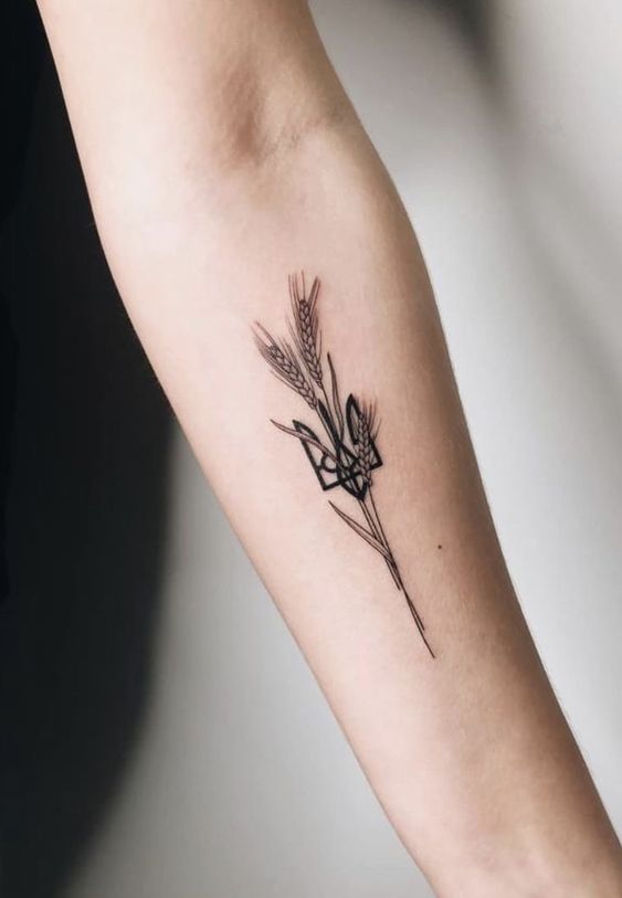 Hình xăm bông lúa basic ở cánh tay Hình xăm bông lúa phong cách blackwork trên cánh tay, chi tiết tinh tế, độ phân giải HD.