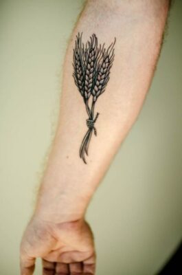 Hình xăm bông lúa đơn sắc Hình xăm bó lúa trên cẳng tay, phong cách blackwork, chi tiết rõ nét, ảnh độ phân giải HD.