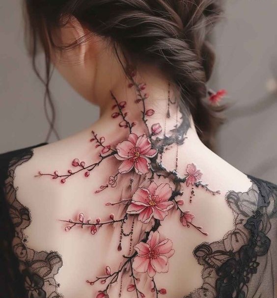 Hình xăm hoa anh đào trên lưng, phong cách màu nước, chi tiết tinh tế, ảnh HD.