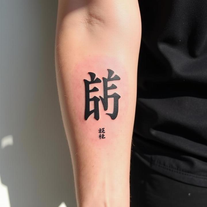 Hình xăm chữ Hán trên cánh tay, phong cách blackwork, chi tiết rõ nét, ảnh HD.