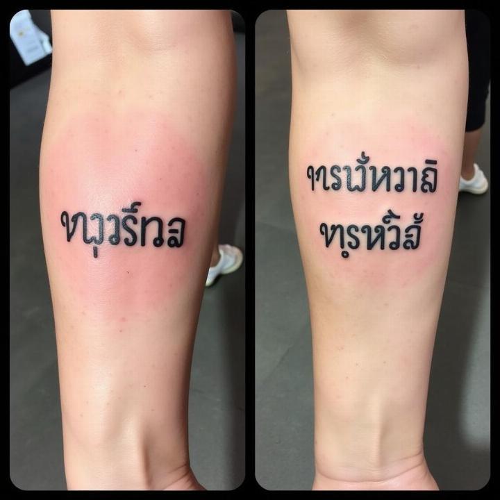 Hình xăm chữ Thái ở bắp chân, phong cách blackwork, chi tiết rõ nét, ảnh HD.