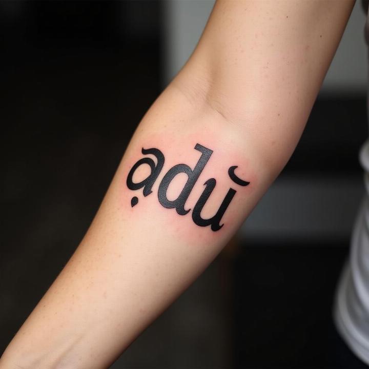 Hình xăm chữ trên cánh tay, phong cách blackwork, chi tiết rõ nét, độ phân giải HD.