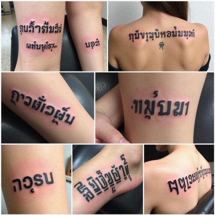Hình xăm chữ Thái, vị trí vai và cánh tay, phong cách blackwork, ảnh chất lượng HD.