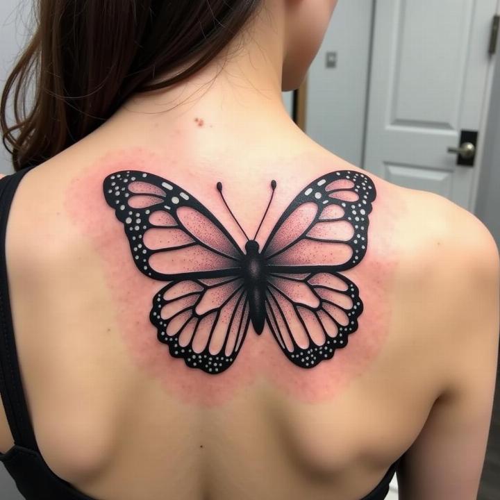 Hình xăm bướm blackwork trên lưng, chi tiết rõ nét, phong cách tối giản, độ phân giải HD.