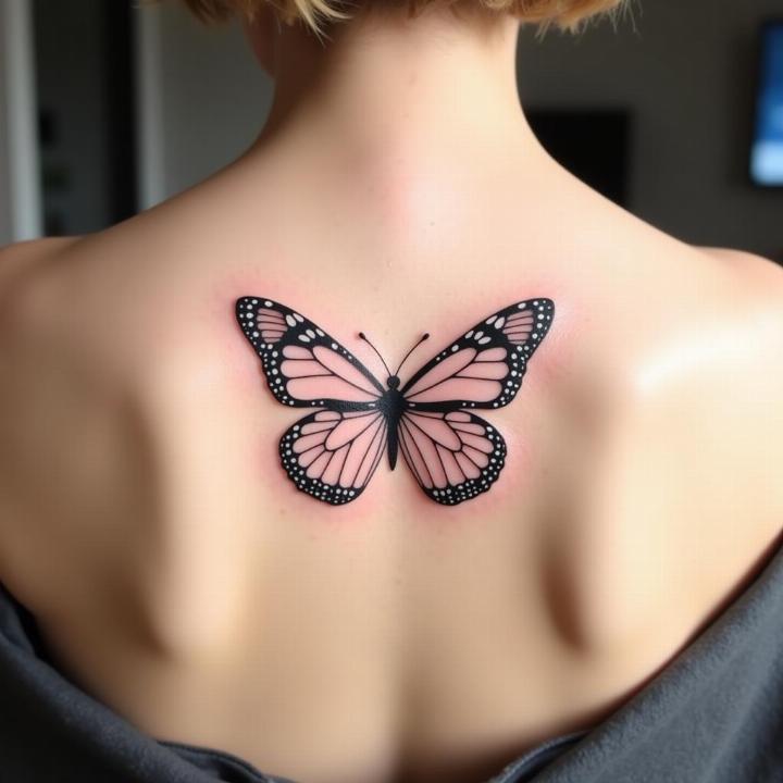 Hình xăm bướm trên lưng, phong cách blackwork, chi tiết sắc nét, ảnh HD.