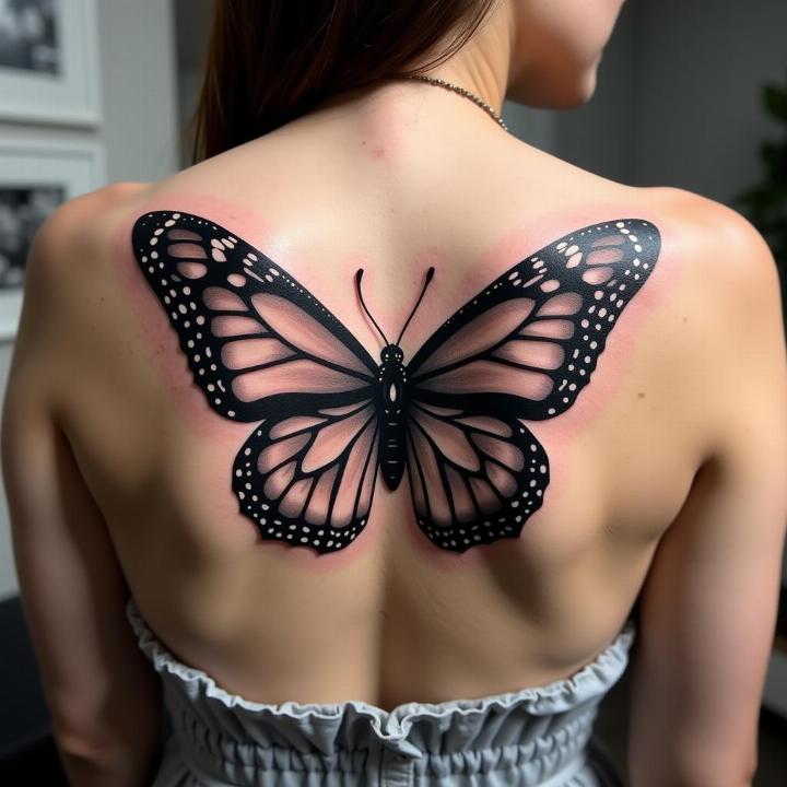 Hình xăm bướm trên lưng, phong cách blackwork chi tiết, độ phân giải HD.