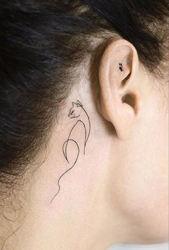 hình xăm con mèo mini một nét sau tai Hình xăm mèo tối giản sau tai, phong cách đường nét, độ chi tiết cao, ảnh HD.