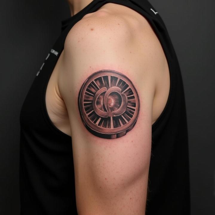 Hình xăm đồng hồ cơ trên bắp tay, phong cách blackwork, chi tiết cao, ảnh HD.