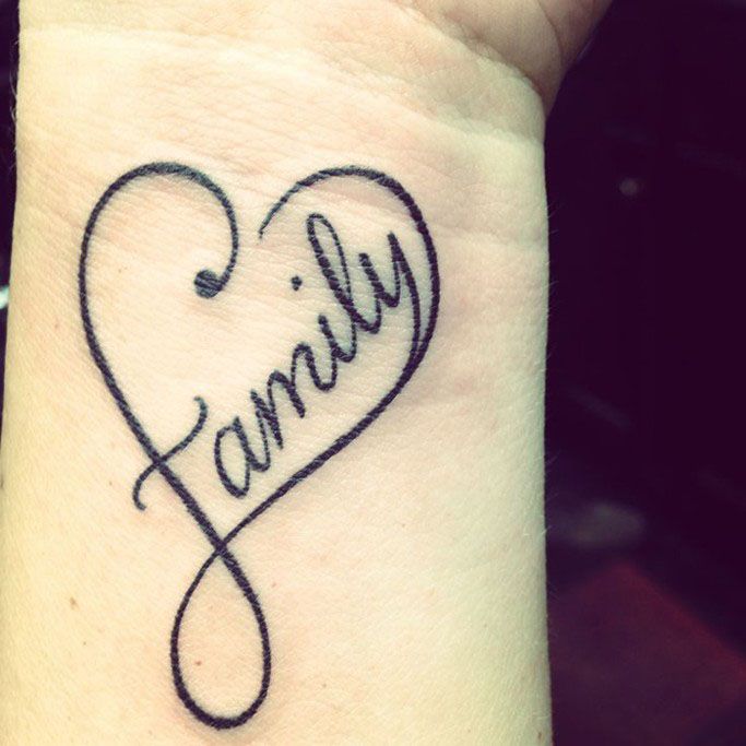 Hình xăm chữ "Family" phong cách chữ viết tay trên cổ tay, độ chi tiết cao, ảnh HD.