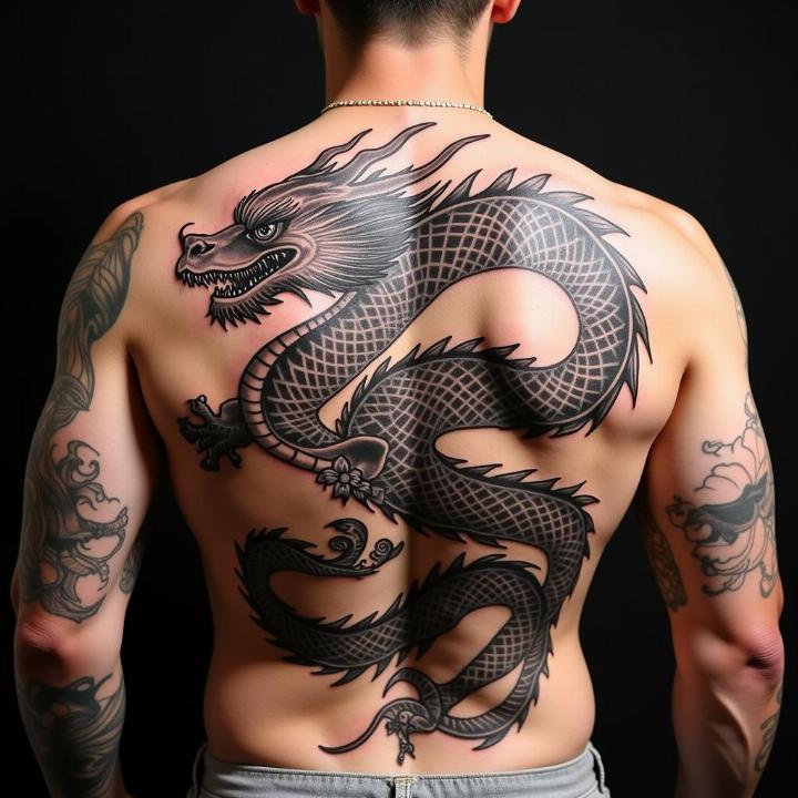 Hình xăm rồng ở lưng, phong cách blackwork chi tiết, ảnh HD rõ nét.