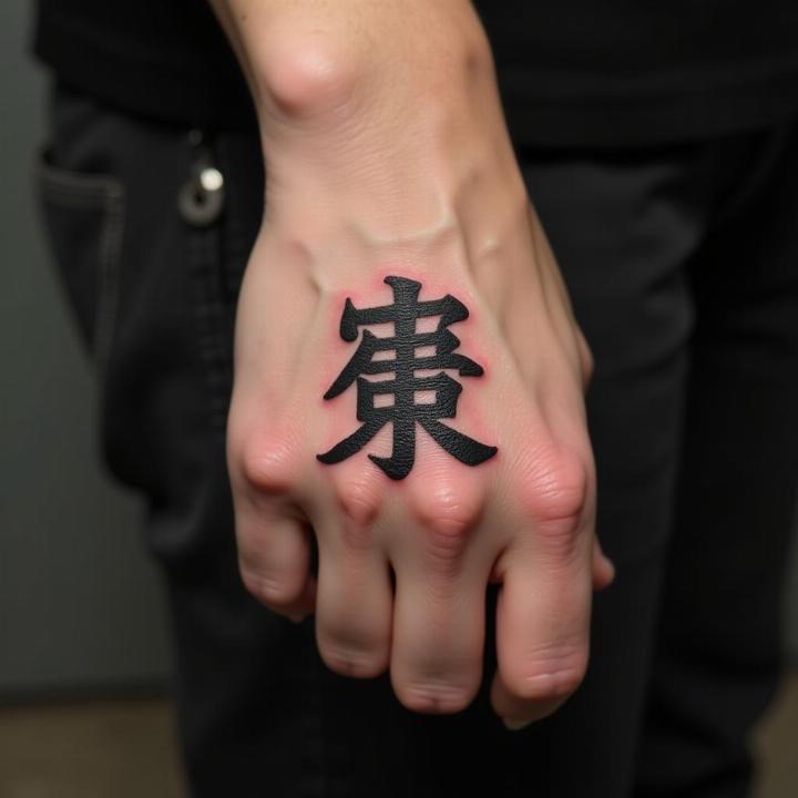 Hình xăm ký tự Trung Quốc trên bàn tay, phong cách blackwork, chi tiết rõ nét, độ phân giải HD.