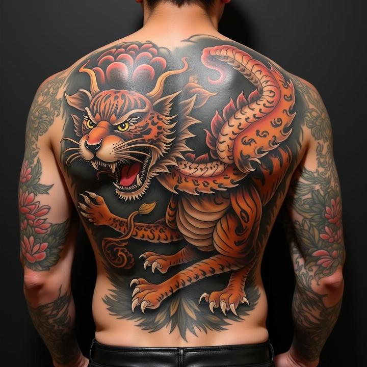 Hình xăm hổ truyền thống trên lưng, phong cách cổ điển, chi tiết sắc nét, độ phân giải cao.