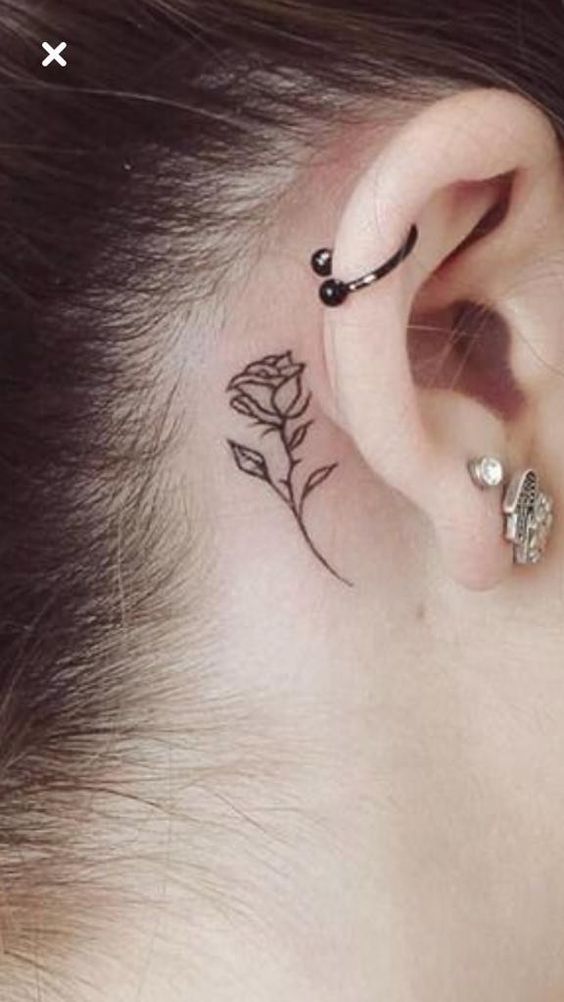 hình xăm hoa hồng mini nét vẽ tinh tế Hình xăm hoa hồng mini phong cách blackwork sau tai, chi tiết rõ nét, ảnh chất lượng HD.