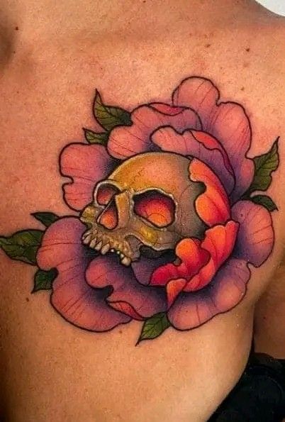 Hình xăm đầu lâu hoa trên vai, phong cách màu sắc sống động, chi tiết cao, độ phân giải HD.