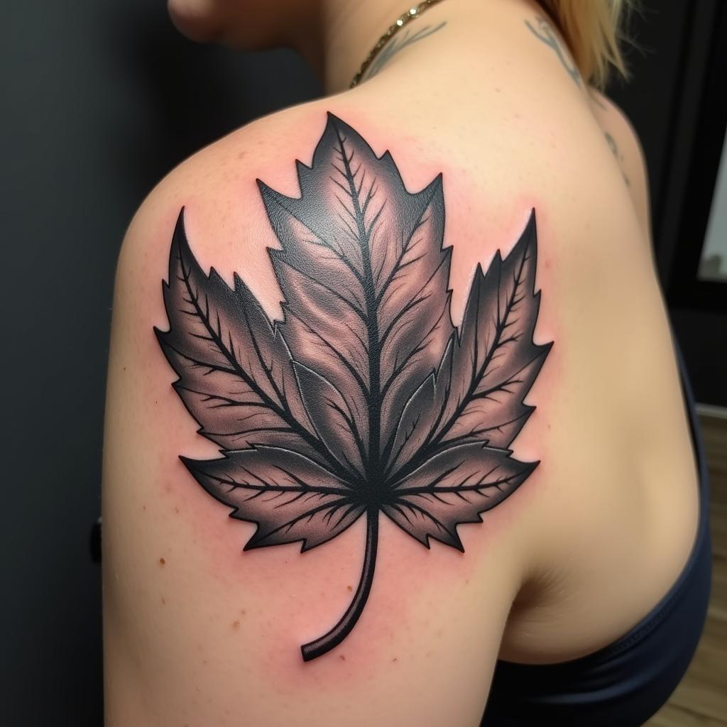 Hình xăm lá phong trên vai, phong cách blackwork, chi tiết rõ nét, ảnh HD.