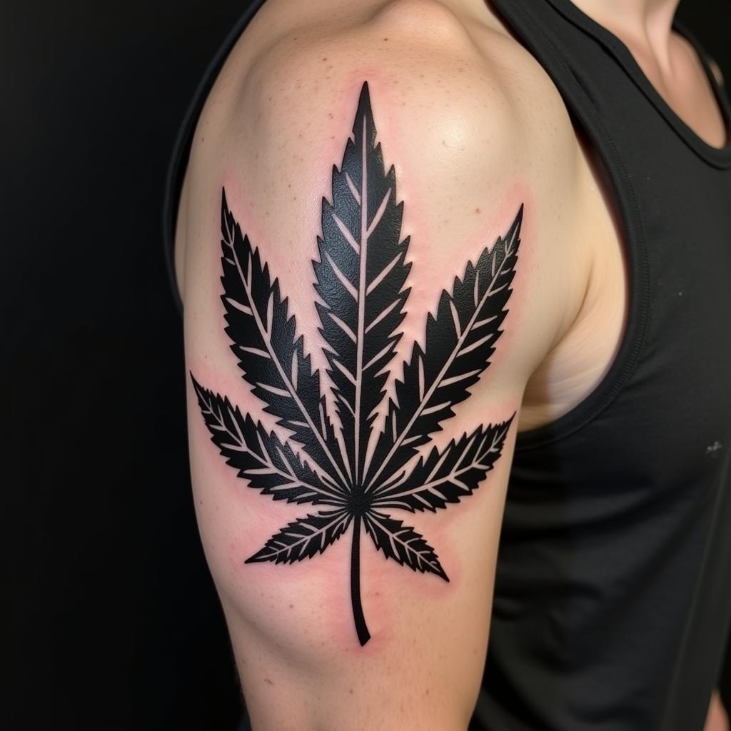 Hình xăm lá cần sa phong cách blackwork trên bắp tay, chi tiết rõ nét.