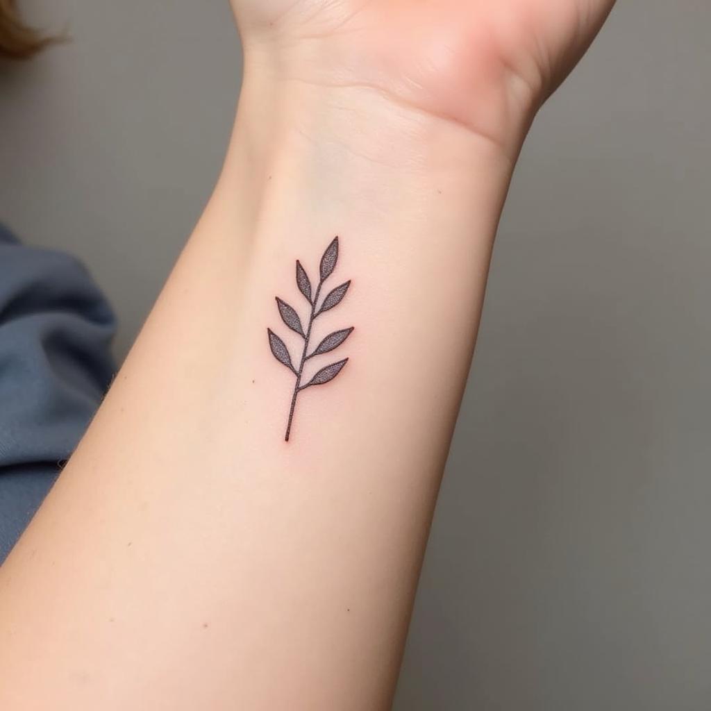 Hình xăm cành lá mini trên cổ tay, phong cách blackwork, chi tiết rõ nét, độ phân giải HD.