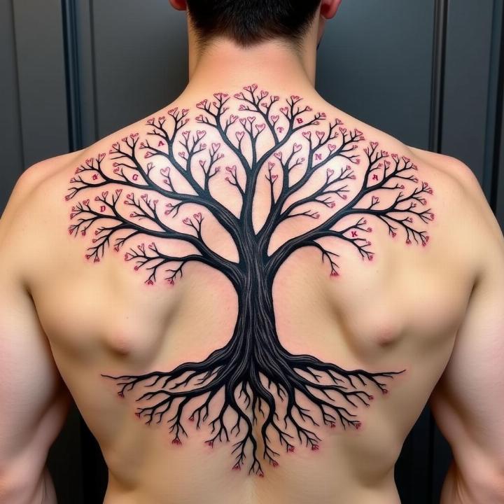 Hình xăm cây trên lưng, phong cách blackwork chi tiết, độ phân giải HD.