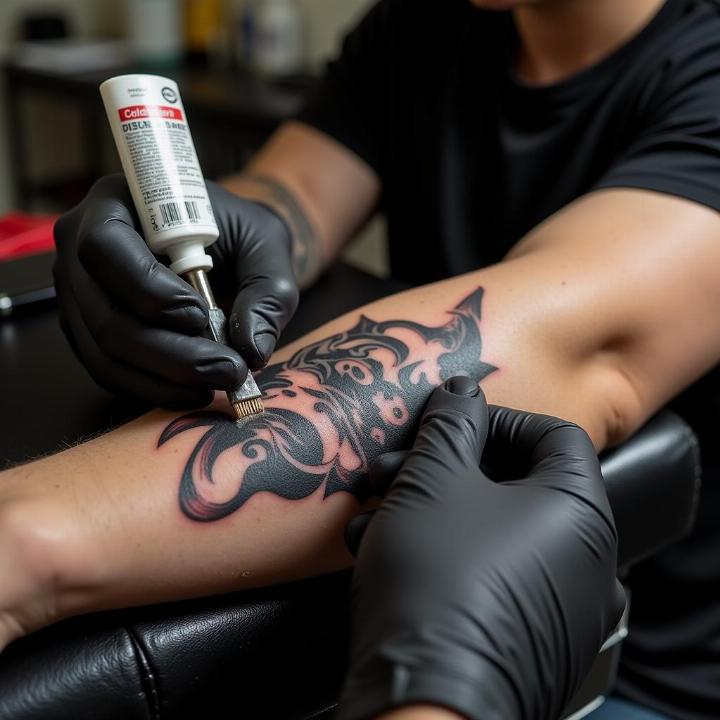 Hình xăm tribal trên cánh tay, phong cách blackwork, độ chi tiết cao, ảnh HD.