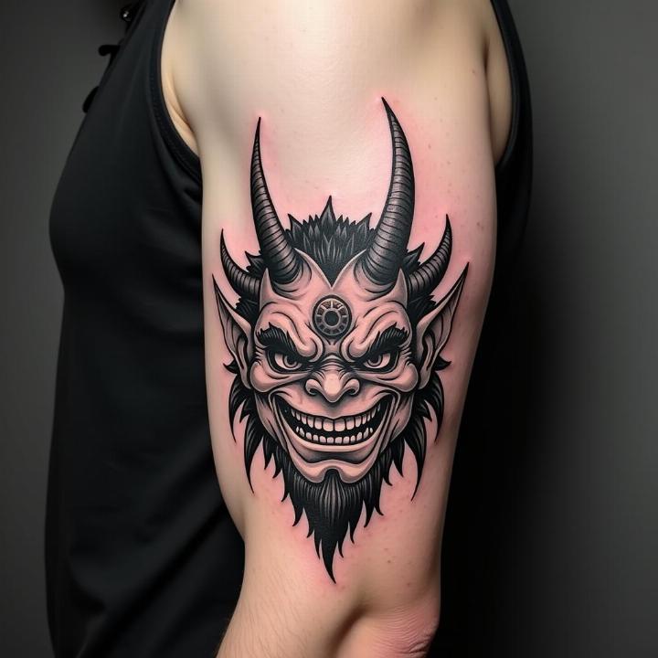 Hình xăm Oni phong cách blackwork trên cánh tay, chi tiết sắc nét, độ phân giải HD.