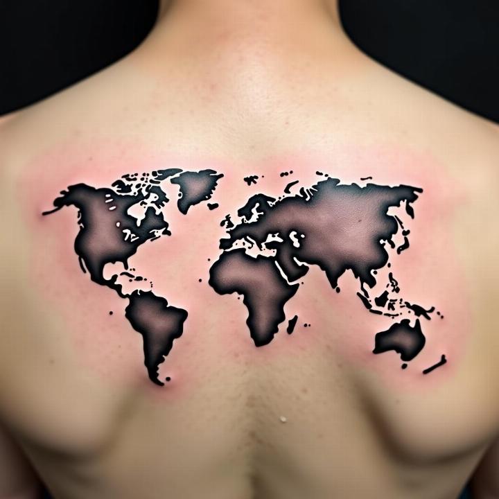 Hình xăm bản đồ thế giới trên lưng, phong cách blackwork, chi tiết rõ nét, độ phân giải HD.