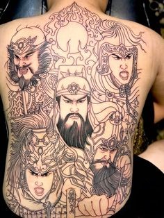 hình xăm Ngũ Hổ Tướng không màu Hình xăm chiến binh Trung Hoa trên lưng, phong cách blackwork chi tiết, độ phân giải HD.