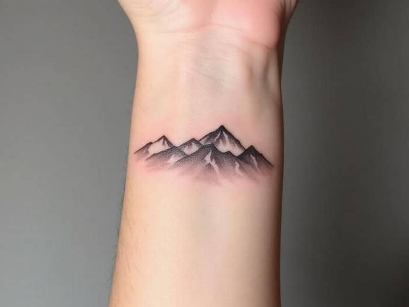 Hình xăm núi mini trên cổ tay, phong cách blackwork, chi tiết tinh tế, độ phân giải HD.