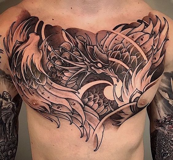 Hình xăm rồng phong cách blackwork trên ngực, chi tiết tinh xảo, ảnh chất lượng cao HD.