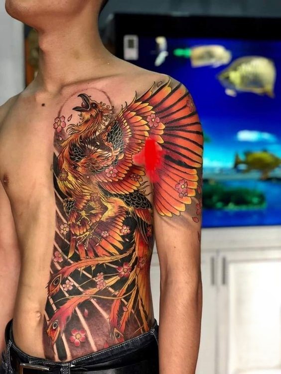 Hình xăm phượng hoàng màu sắc trên ngực và vai, phong cách chi tiết, độ phân giải HD.