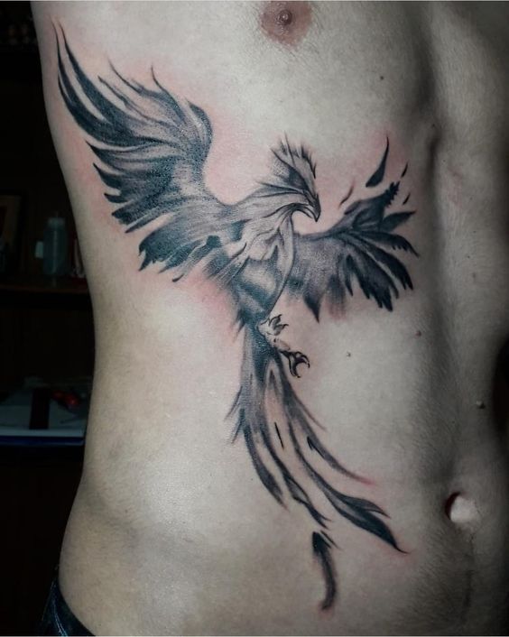 Hình xăm phượng hoàng blackwork trên sườn, chi tiết sắc nét, ảnh HD.
